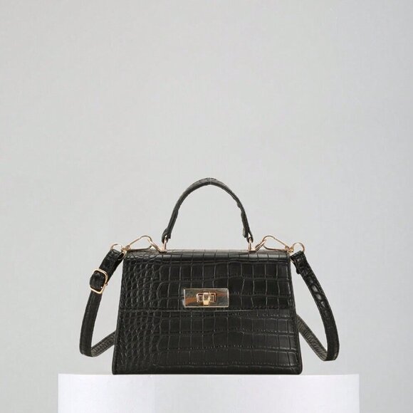 Black Elegant Women's Lightweight Twist Lock Flap Square Bag - Picture 2 of 10